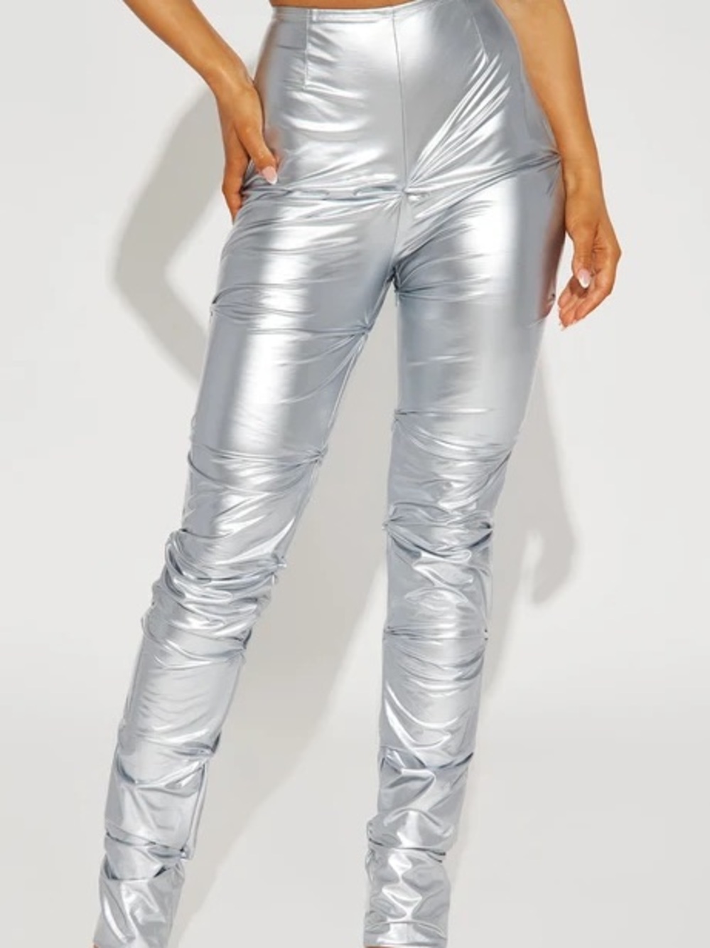 Silver High-Waist Ruched Metallic Pants